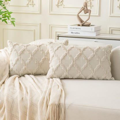 Set of 2 Soft Moroccan Throw Pillow Covers 18x18 Inch Plush Boho Decorative Pillow Cover Accent Cushion Case for Couch Sofa Bed, Beige