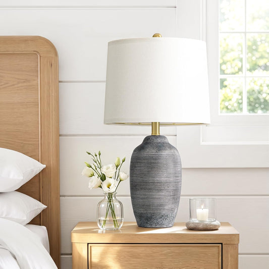 24.5" Vintage Ceramic Table Lamp Single-Rustic Boho Accent Nightstand Lamps for Bedroom, Living Room, Entryway-Small Textured Bedside Lamps, Modern Farmhouse Table Lamps for Home Decor Gray