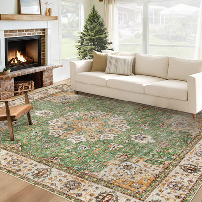 Area Rug 8x10 Washable Rug, Vintage Boho Medallion Rugs Non-Slip Soft Low Pile Large Distressed Rug Indoor Retro Carpet for Living Room Bedroom Dining Room Office Children's Room(Beige, 8'x10')