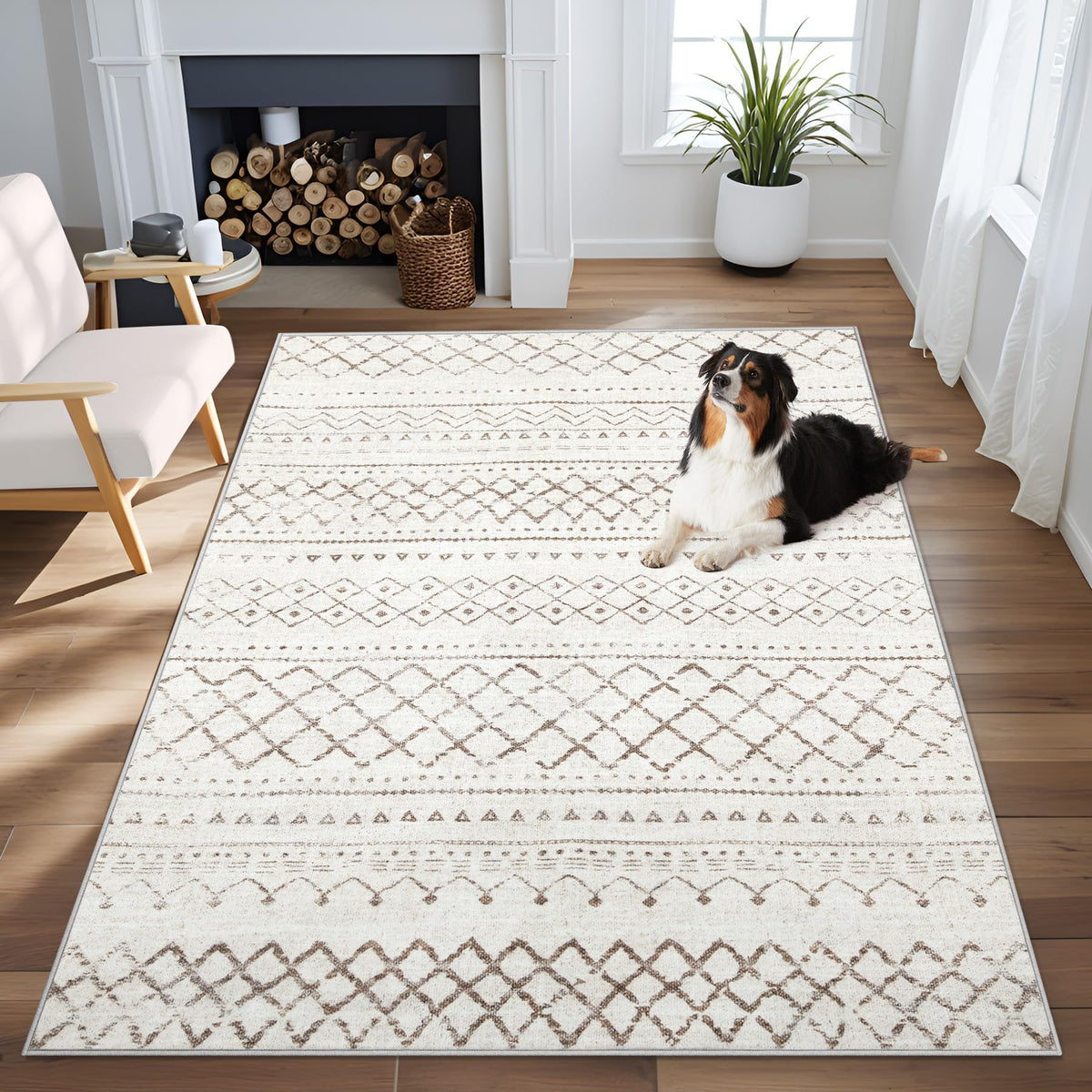 Area Rug for Living Room 6x9: Large Washable Boho Moroccan Rugs Geometric Neutral Rug, Non-Slip Foldable Morden Farmhouse Indoor Floor Carpet for Bedroom Dining Table Home(Brown Green,6'x9')