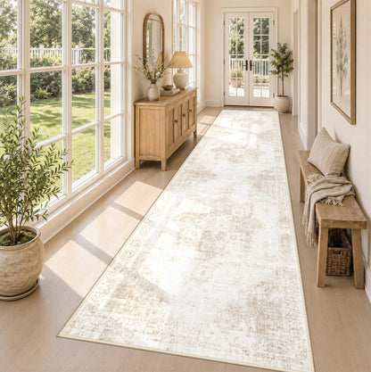Area Rug 8x10 Washable Rug, Vintage Boho Medallion Rugs Non-Slip Soft Low Pile Large Distressed Rug Indoor Retro Carpet for Living Room Bedroom Dining Room Office Children's Room(Beige, 8'x10')