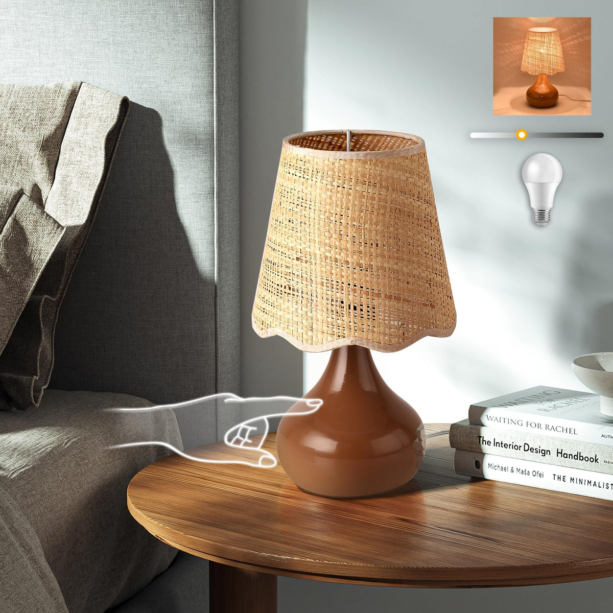 Ziqqeelam Brown Small Bedside Table Lamp for Bedroom, Farmhouse Bedroom Lamps for Nightstand, Rattan Lamp Shade Table Lamps for Small Spaces for Kitchen Counter, Home Office, Living Room, Kids Dorm