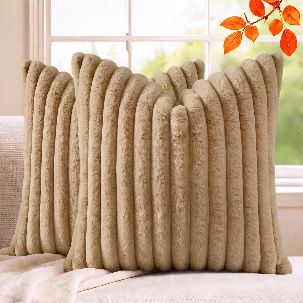 Set of 2 Decorative Throw Pillow Covers 18x18, Faux Fur Cream White