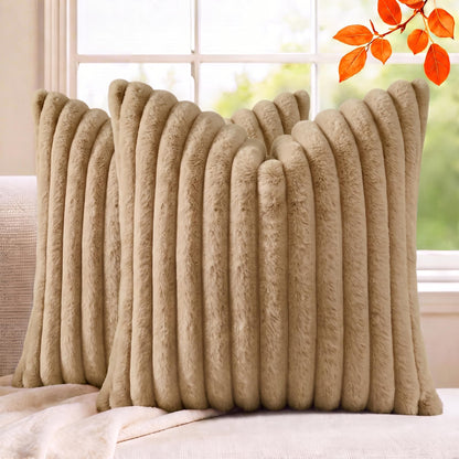Set of 2 Decorative Throw Pillow Covers 18x18, Faux Fur Cream White