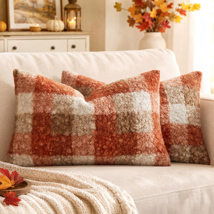 MIULEE Fall Plaid Pillow Covers Boucle Orange 18x18 Set of 2