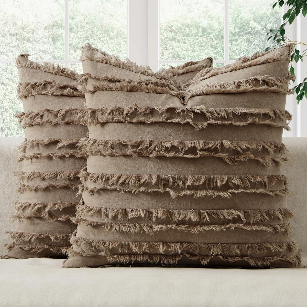 MIULEE Boho Linen Striped Throw Pillow Covers 16x16, Light Blue