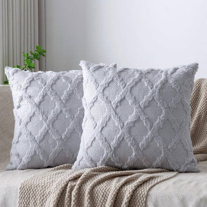 Set of 2 Soft Moroccan Throw Pillow Covers 18x18 Inch Plush Boho Decorative Pillow Cover Accent Cushion Case for Couch Sofa Bed, Beige