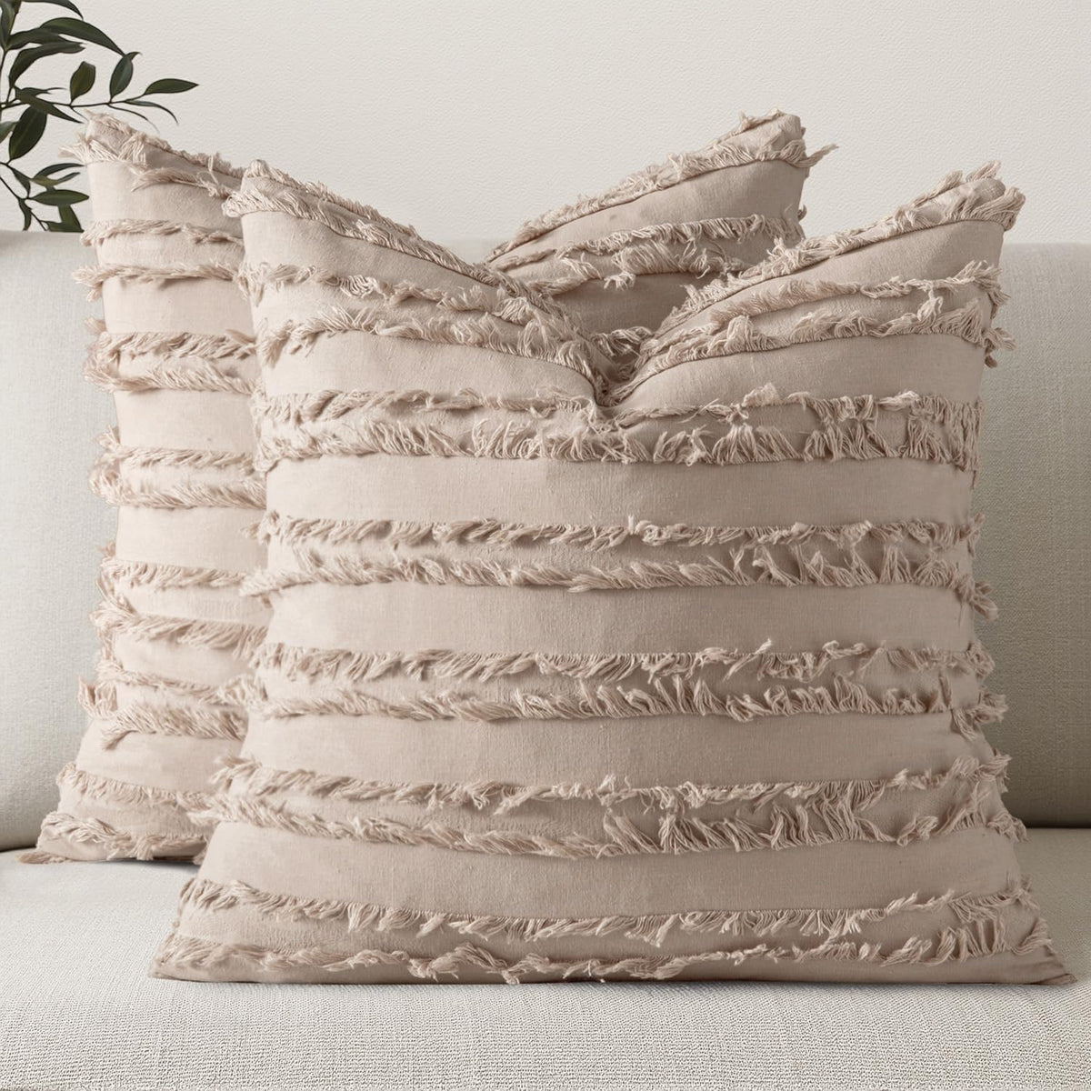 MIULEE Boho Linen Striped Throw Pillow Covers 16x16, Light Blue