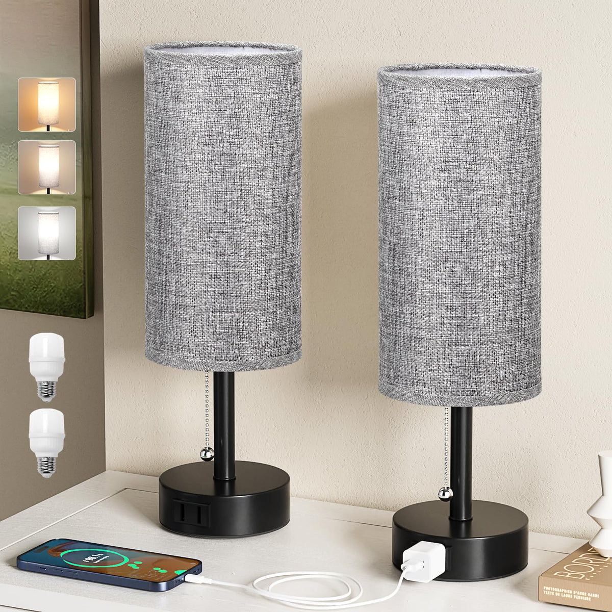Fenmzee Bedside Table Lamps Set of 2 - Small Nightstand Lamp for Bedroom