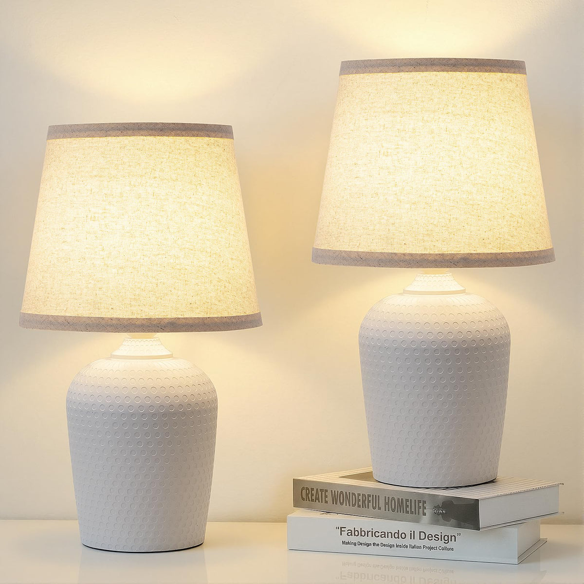 11.8’’ Small Table Lamps Set of 2 for Bedroom Kid’s Room, Beige & White