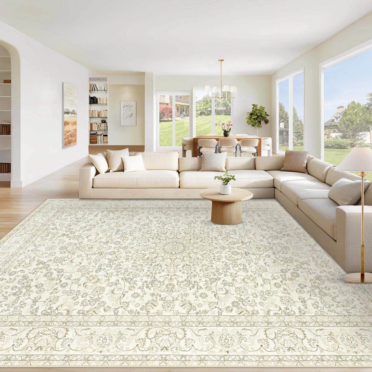 Area Rug 8x10 Washable Rug, Vintage Boho Medallion Rugs Non-Slip Soft Low Pile Large Distressed Rug Indoor Retro Carpet for Living Room Bedroom Dining Room Office Children's Room(Beige, 8'x10')