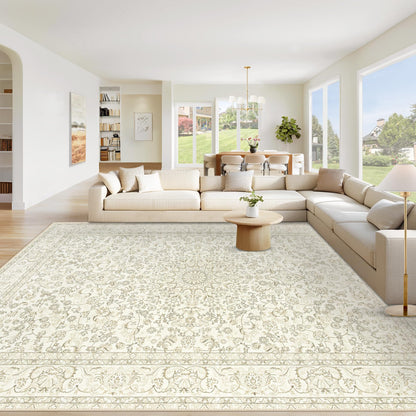 Area Rug 8x10 Washable Rug, Vintage Boho Medallion Rugs Non-Slip Soft Low Pile Large Distressed Rug Indoor Retro Carpet for Living Room Bedroom Dining Room Office Children's Room(Beige, 8'x10')