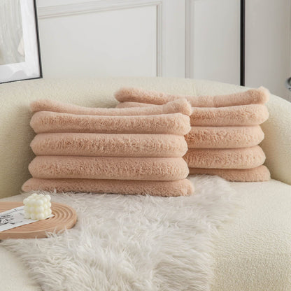 Neelvin Pink Faux Fur Cozy Soft Striped Decorative Throw Pillow Covers 18x18 inch Set of 2,Velvet Pillowcase Cushion Case for Sofa Couch