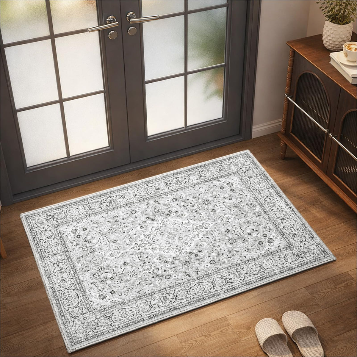 Goideal Washable Rug 4x6, Beige Area Rugs Non Slip, Indoor Low Pile Carpet with Rubber Backing for Living Room Kitchen Bathroom Entryway Office Bedroom