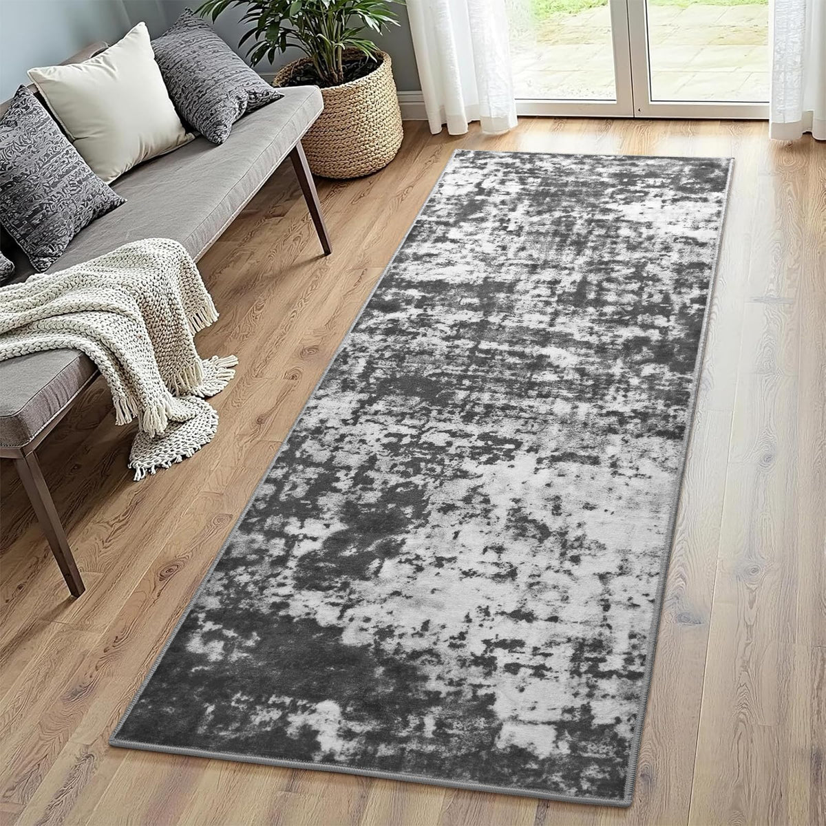 Modern Abstract 3x5 Rug, Non Slip Entryway Rug, Soft Machine Washable Rugs for Indoor Entry, Low Pile Stain Resistant Distressed Rug for Living Room, Bedroom, Dark Grey Blue