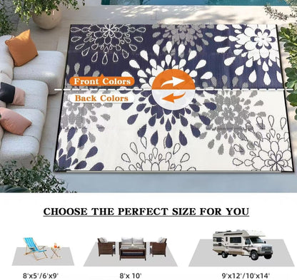 Wallona Outdoor Rug 5x8 ft, Flower Blue & White