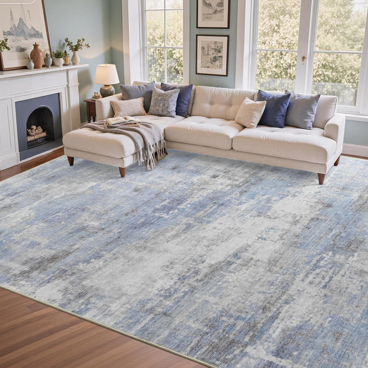 6x9 Ft Abstract Washable Area Rugs for Living Room Blue