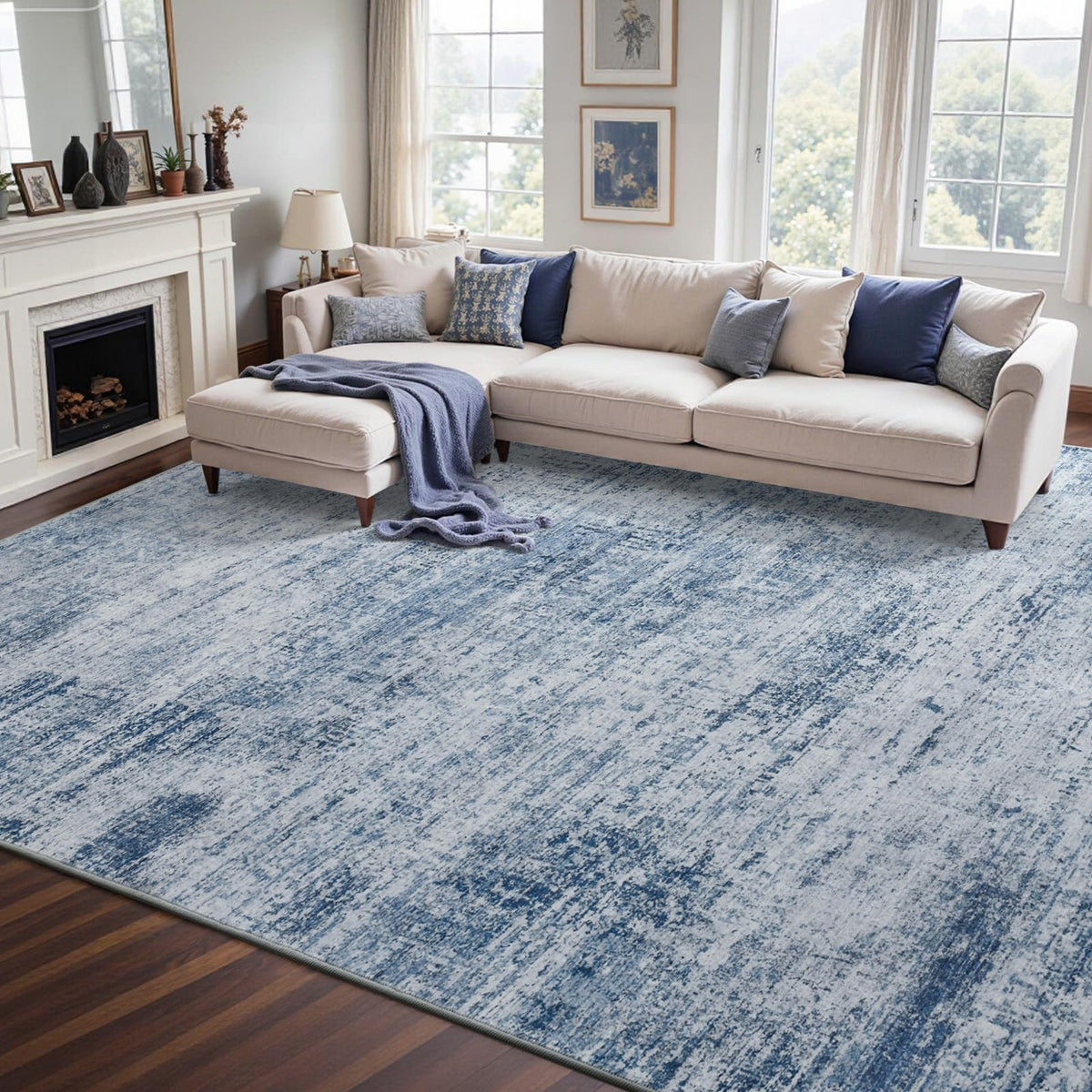 6x9 Ft Abstract Washable Area Rugs for Living Room Blue