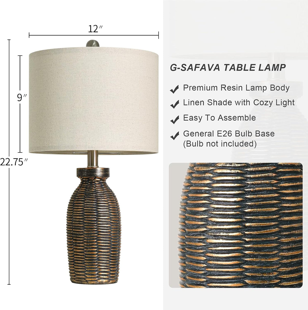 G-SAFAVA Table Lamps Set of 2 for Living Room Bedroom, 22.75" Bedside Lamps