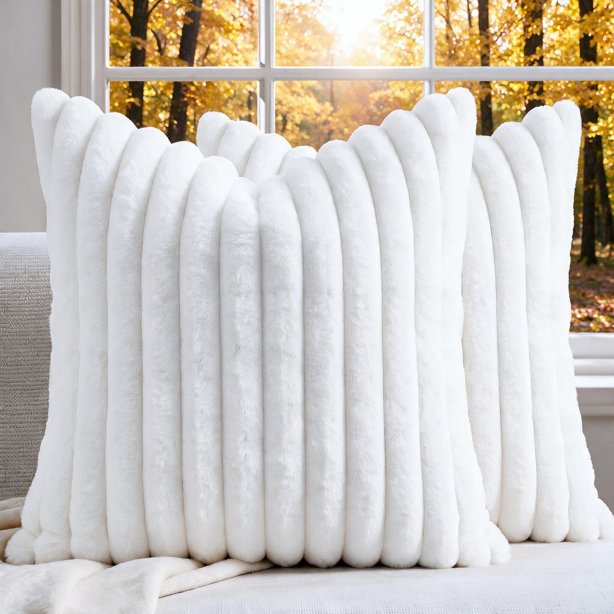 Set of 2 Decorative Throw Pillow Covers 18x18, Faux Fur Cream White