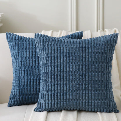2 Pack Corduroy Decorative Throw Pillow with Inserts, 18x18 Inch Soft Boho Throw Pillow, Square Striped Throw Pillows for Couch, Bed, Sofa Decor(Beige)