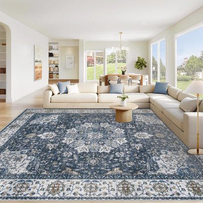 Area Rug 8x10 Washable Rug, Vintage Boho Medallion Rugs Non-Slip Soft Low Pile Large Distressed Rug Indoor Retro Carpet for Living Room Bedroom Dining Room Office Children's Room(Beige, 8'x10')
