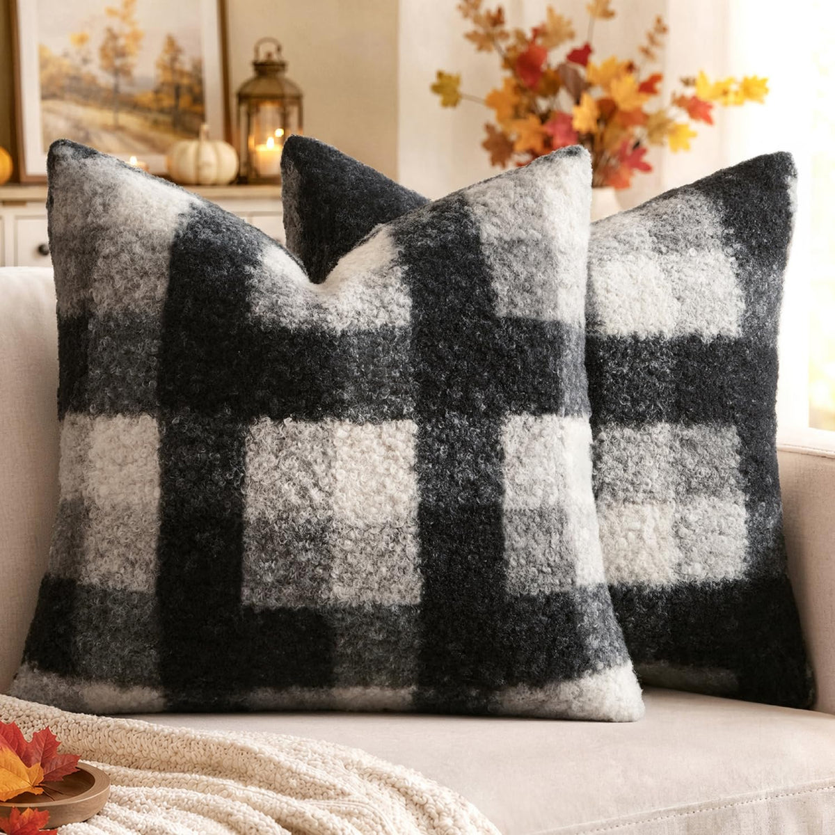 MIULEE Fall Plaid Pillow Covers Boucle Orange 18x18 Set of 2