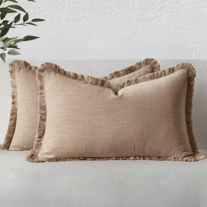 MIULEE Linen Fringe Decorative Throw Pillow Covers Natural Beige 20x20
