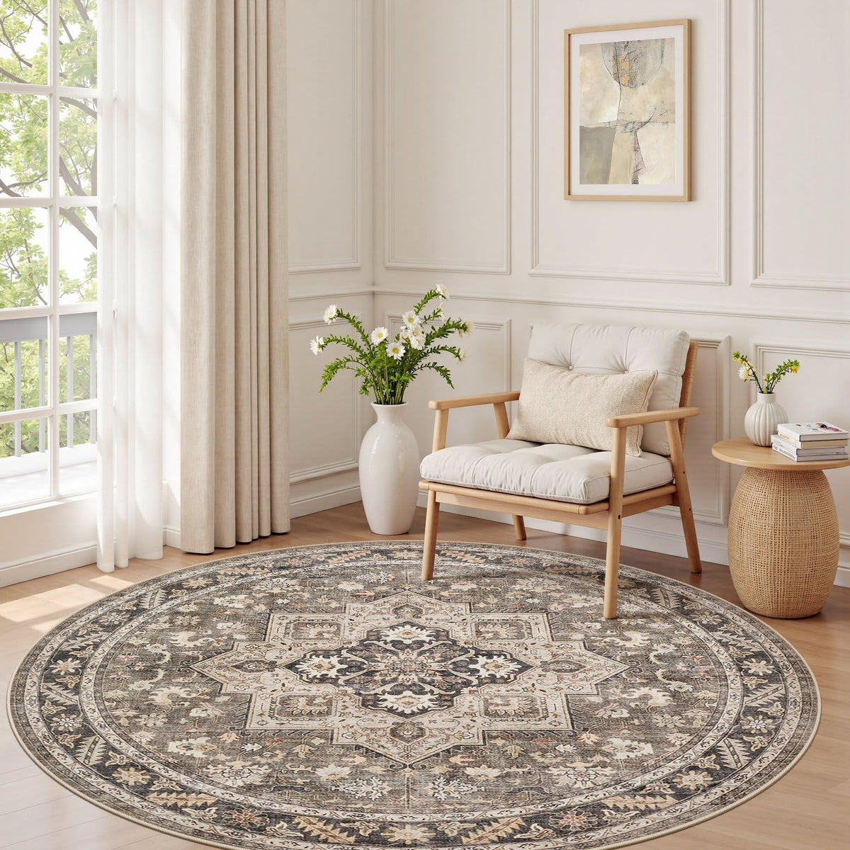 cotiled 5x7 Area Rug for Living Room, Washable, Traditional, Beige