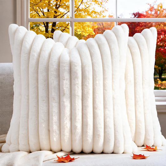 Set of 2 Decorative Throw Pillow Covers 18x18, Faux Fur Cream White