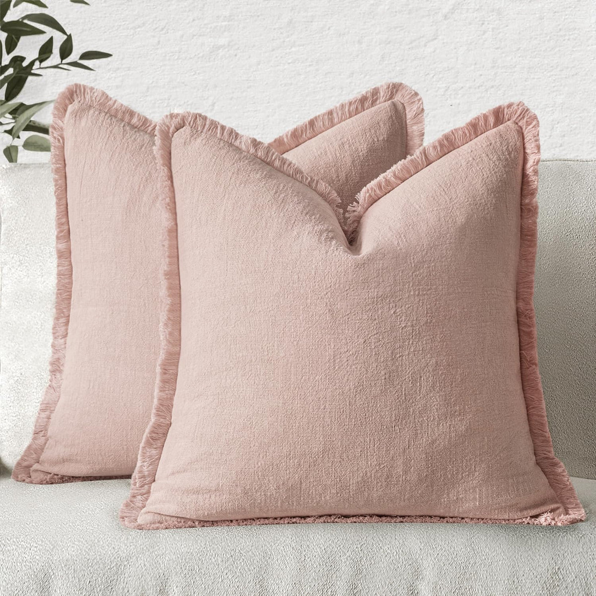 MIULEE Linen Fringe Decorative Throw Pillow Covers Natural Beige 20x20
