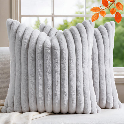 Set of 2 Decorative Throw Pillow Covers 18x18, Faux Fur Cream White