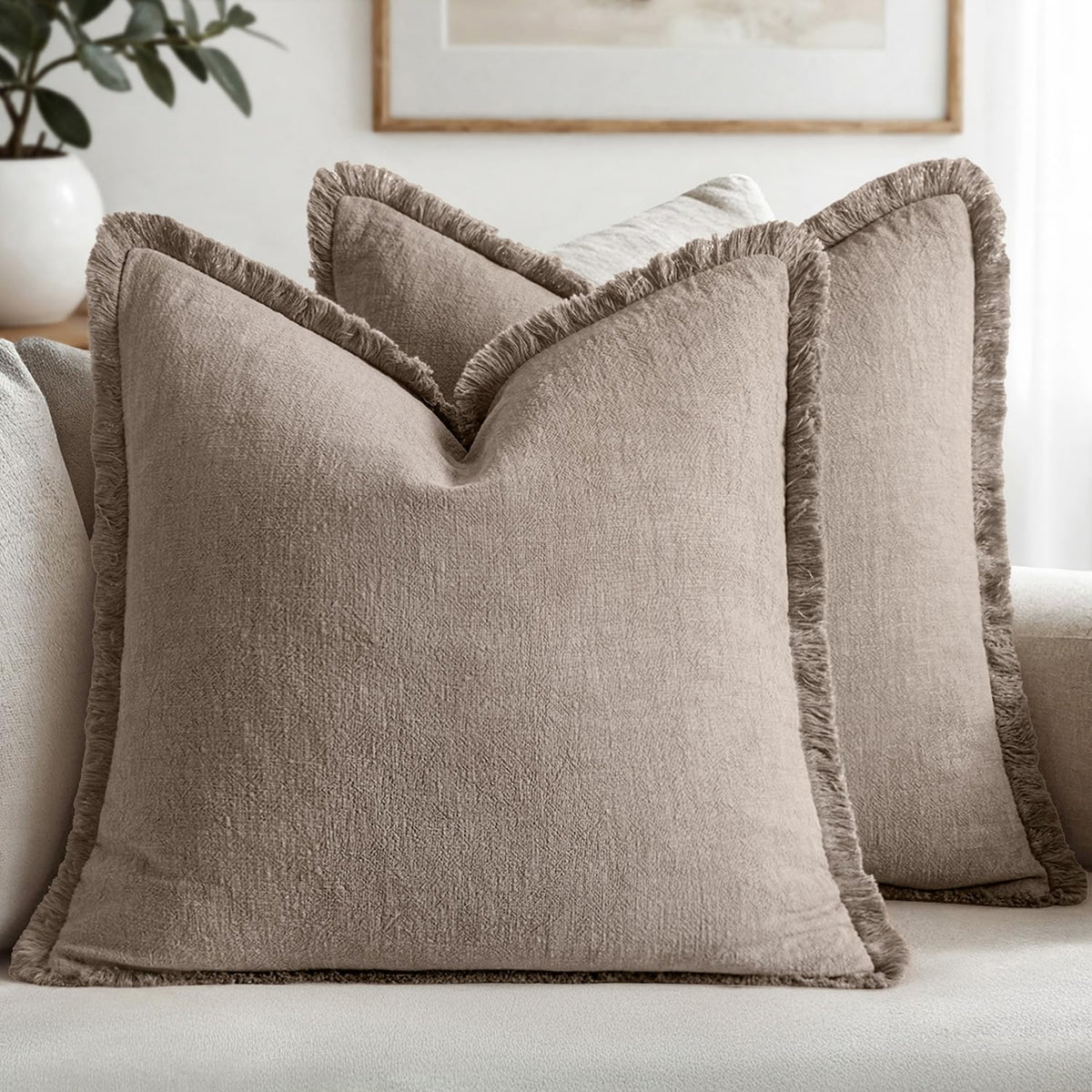MIULEE Linen Fringe Decorative Throw Pillow Covers Natural Beige 20x20