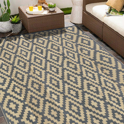 SAND MINE Waterproof Outdoor Rug 5x8 ft, Plastic Reversible Rug, Modern Area Rug, Large Floor Mat for Outdoors, RV, Patio, Backyard, Deck, Picnic, Beach, Camping, Black & Beige
