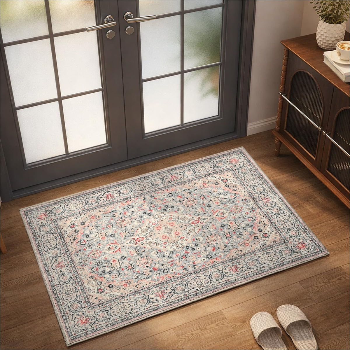Goideal Washable Rug 4x6, Beige Area Rugs Non Slip, Indoor Low Pile Carpet with Rubber Backing for Living Room Kitchen Bathroom Entryway Office Bedroom