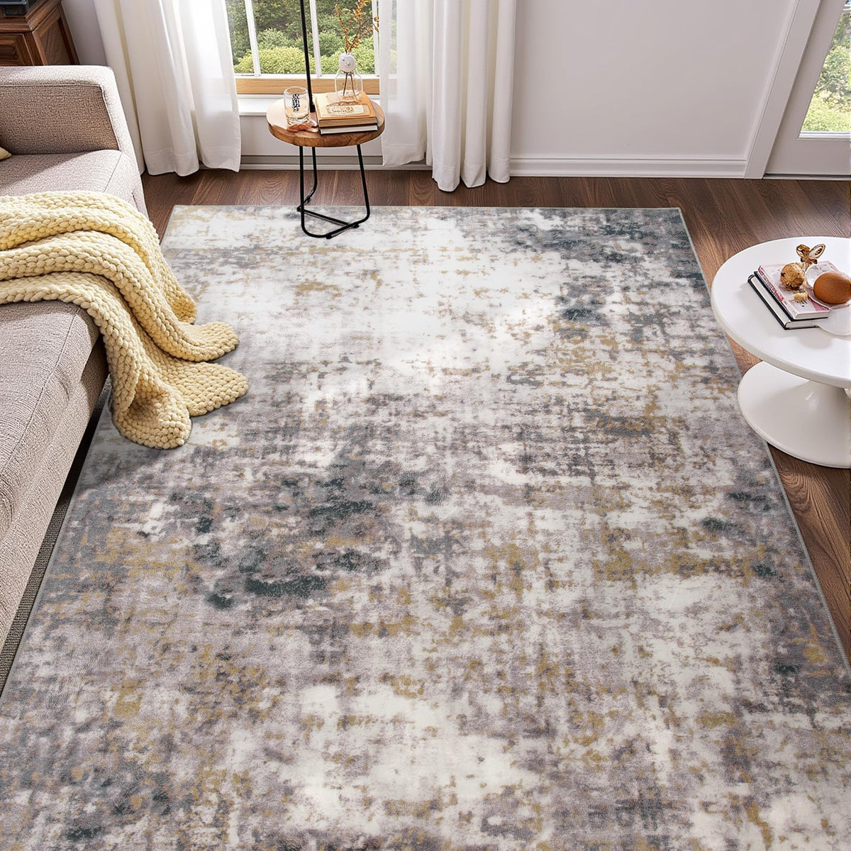 Modern Abstract 3x5 Rug, Non Slip Entryway Rug, Soft Machine Washable Rugs for Indoor Entry, Low Pile Stain Resistant Distressed Rug for Living Room, Bedroom, Dark Grey Blue