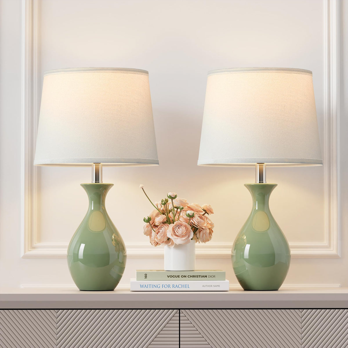 PARTPHONER Table Lamp Set of 2, Modern Ceramic Bedside Lamps for Night Stands, Classic Small Lamp Nightstand Lamp for Bedroom Living Room Desk End Table Rocker Swtich White