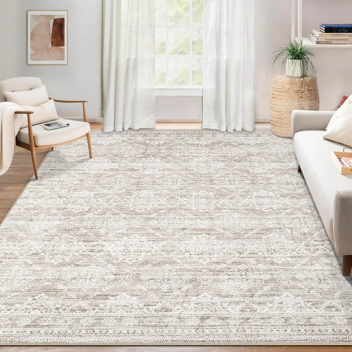Area Rug for Living Room 6x9: Large Washable Boho Moroccan Rugs Geometric Neutral Rug, Non-Slip Foldable Morden Farmhouse Indoor Floor Carpet for Bedroom Dining Table Home(Brown Green,6'x9')