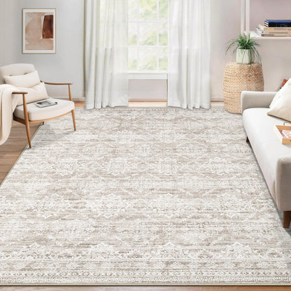 Area Rug for Living Room 6x9: Large Washable Boho Moroccan Rugs Geometric Neutral Rug, Non-Slip Foldable Morden Farmhouse Indoor Floor Carpet for Bedroom Dining Table Home(Brown Green,6'x9')