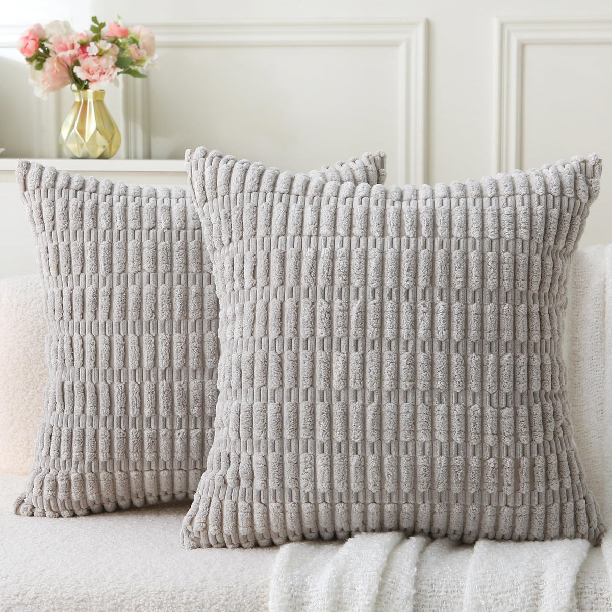2 Pack Corduroy Decorative Throw Pillow with Inserts, 18x18 Inch Soft Boho Throw Pillow, Square Striped Throw Pillows for Couch, Bed, Sofa Decor(Beige)