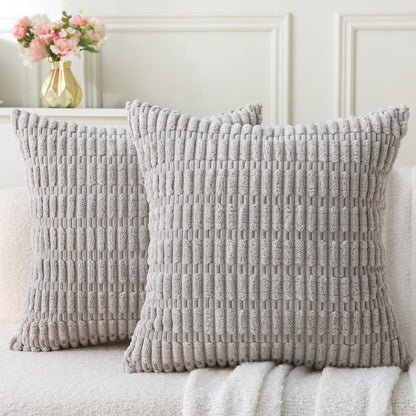 2 Pack Corduroy Decorative Throw Pillow with Inserts, 18x18 Inch Soft Boho Throw Pillow, Square Striped Throw Pillows for Couch, Bed, Sofa Decor(Beige)