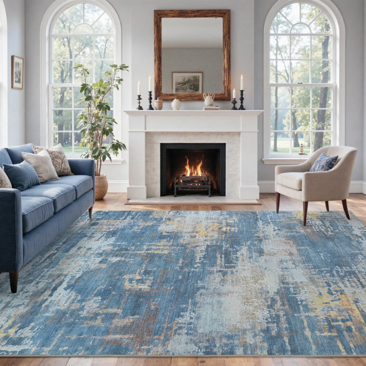 6x9 Ft Abstract Washable Area Rugs for Living Room Blue