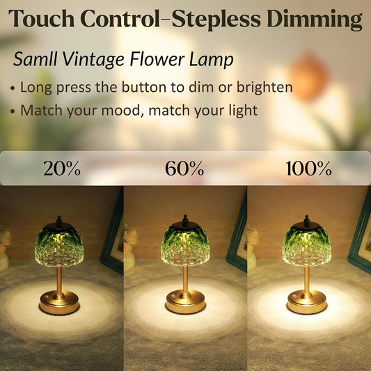 Cordless Rechargeable Table Lamp, Vintage Art Glass Shade, Dimmable, Brown