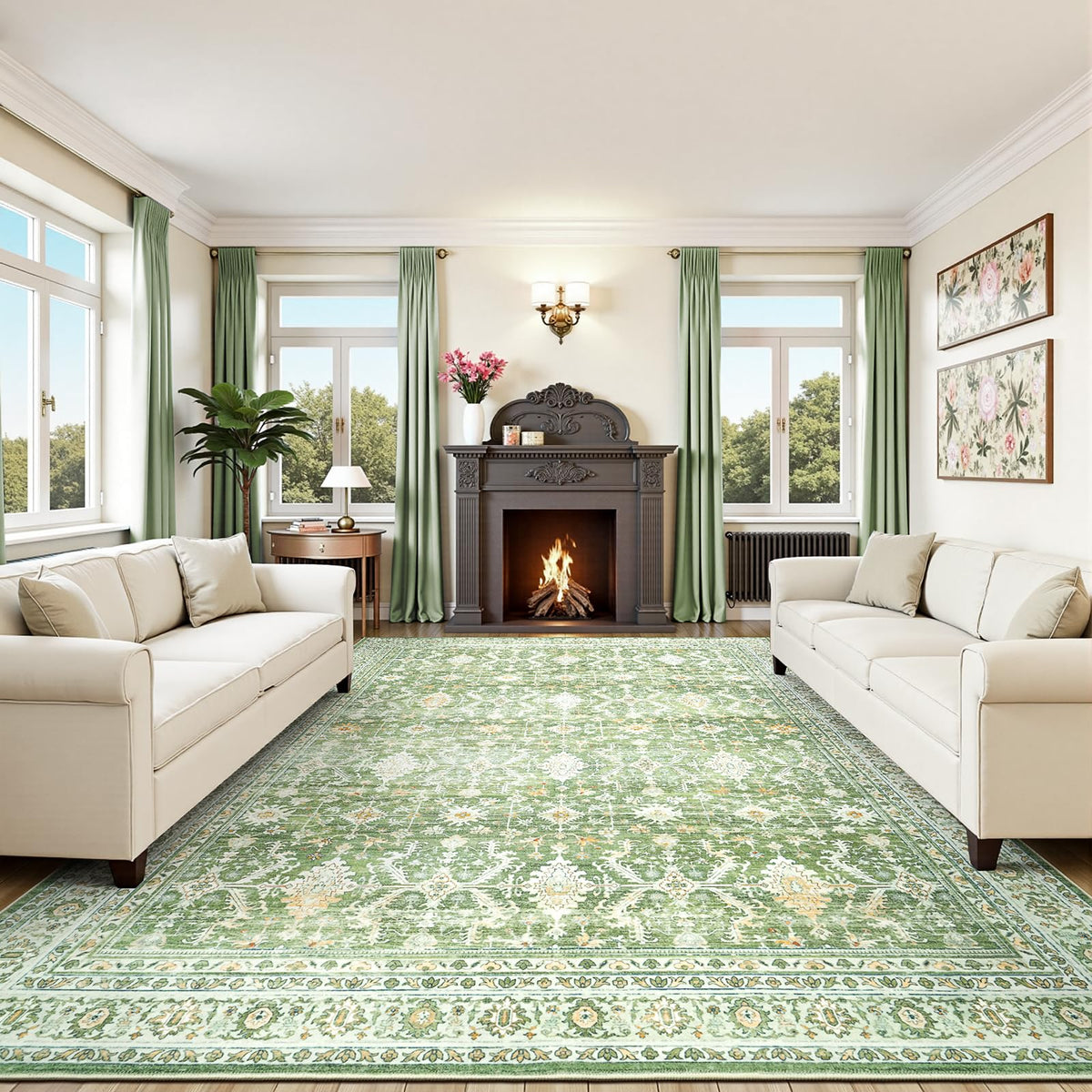8x10 Area Rugs for Living Room Green Washable Non-Slip Large Carpet