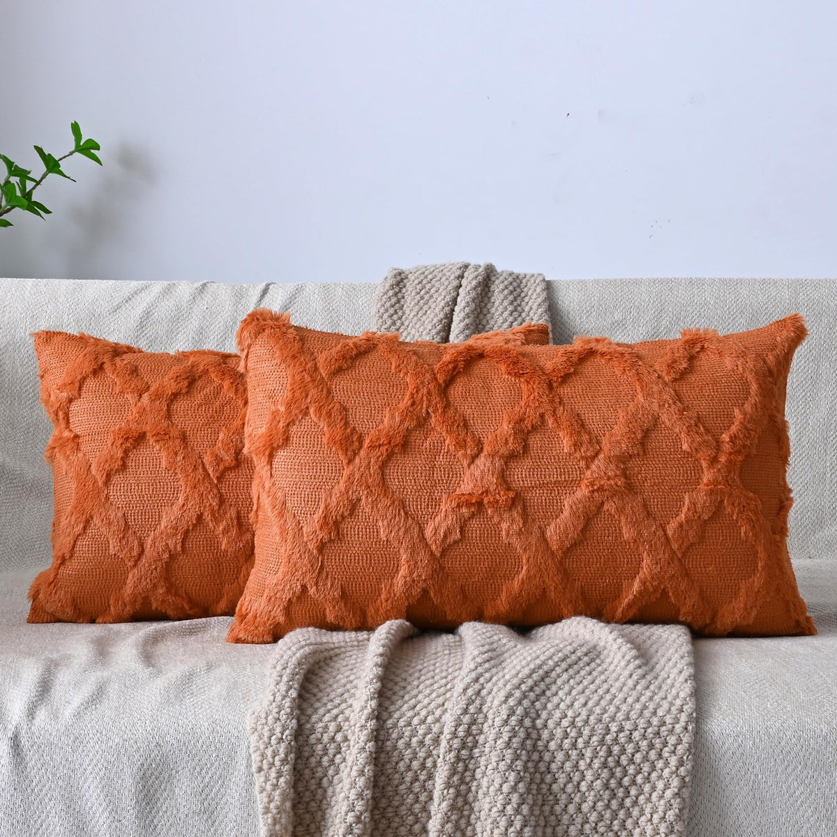 Set of 2 Soft Moroccan Throw Pillow Covers 18x18 Inch Plush Boho Decorative Pillow Cover Accent Cushion Case for Couch Sofa Bed, Beige