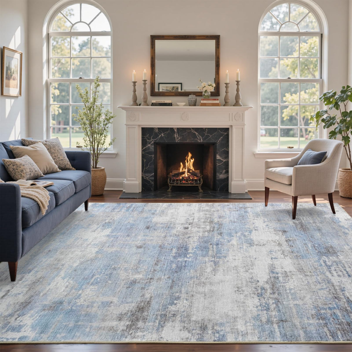 6x9 Ft Abstract Washable Area Rugs for Living Room Blue