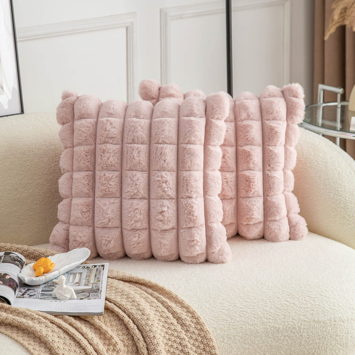 Neelvin Pink Faux Fur Cozy Soft Striped Decorative Throw Pillow Covers 18x18 inch Set of 2,Velvet Pillowcase Cushion Case for Sofa Couch