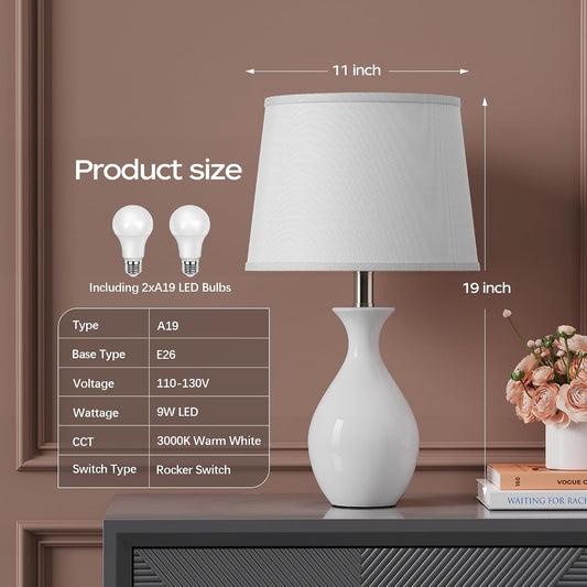 PARTPHONER Table Lamp Set of 2, Modern Ceramic Bedside Lamps for Night Stands, Classic Small Lamp Nightstand Lamp for Bedroom Living Room Desk End Table Rocker Swtich White