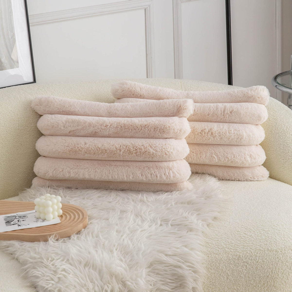 Neelvin Pink Faux Fur Cozy Soft Striped Decorative Throw Pillow Covers 18x18 inch Set of 2,Velvet Pillowcase Cushion Case for Sofa Couch