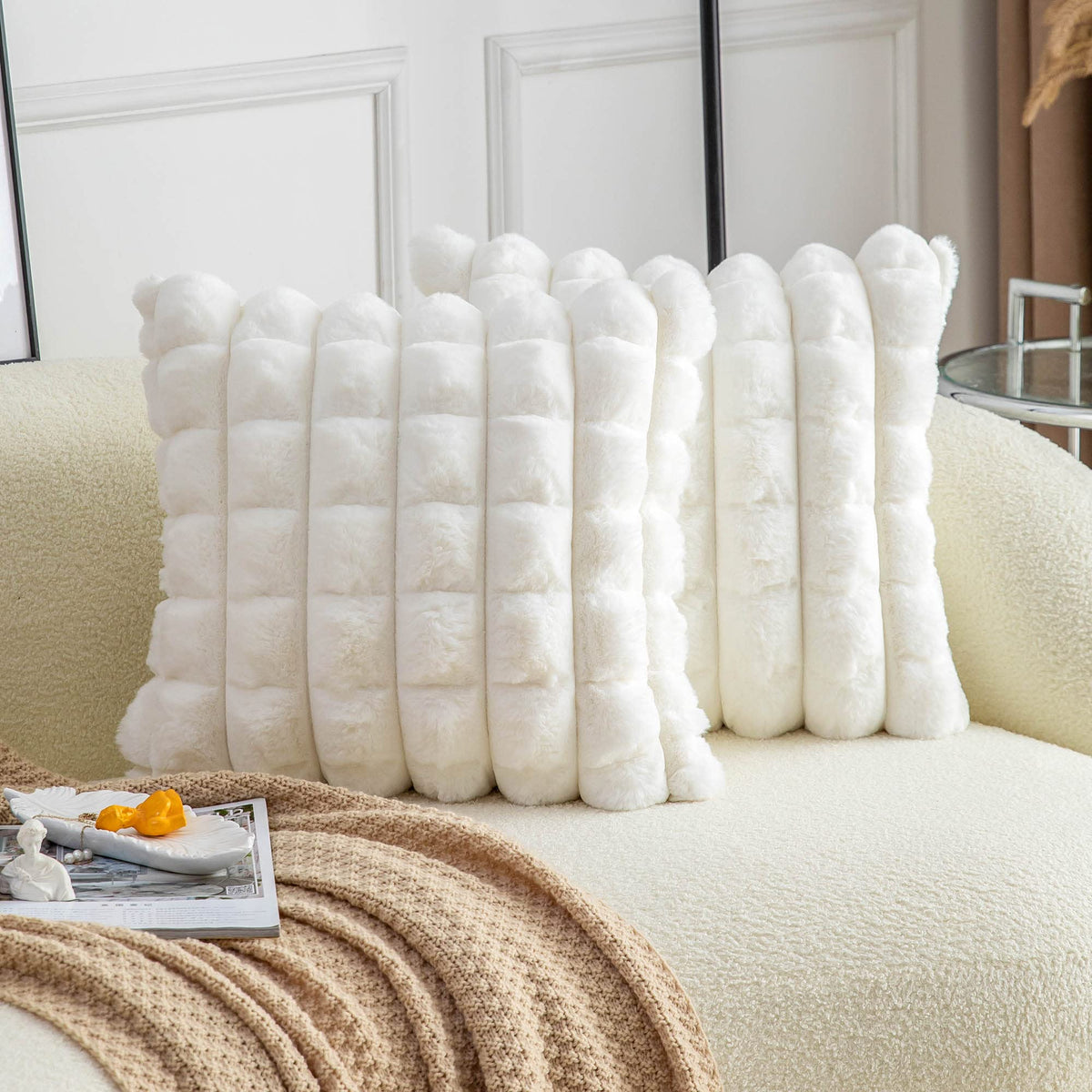 Neelvin Pink Faux Fur Cozy Soft Striped Decorative Throw Pillow Covers 18x18 inch Set of 2,Velvet Pillowcase Cushion Case for Sofa Couch